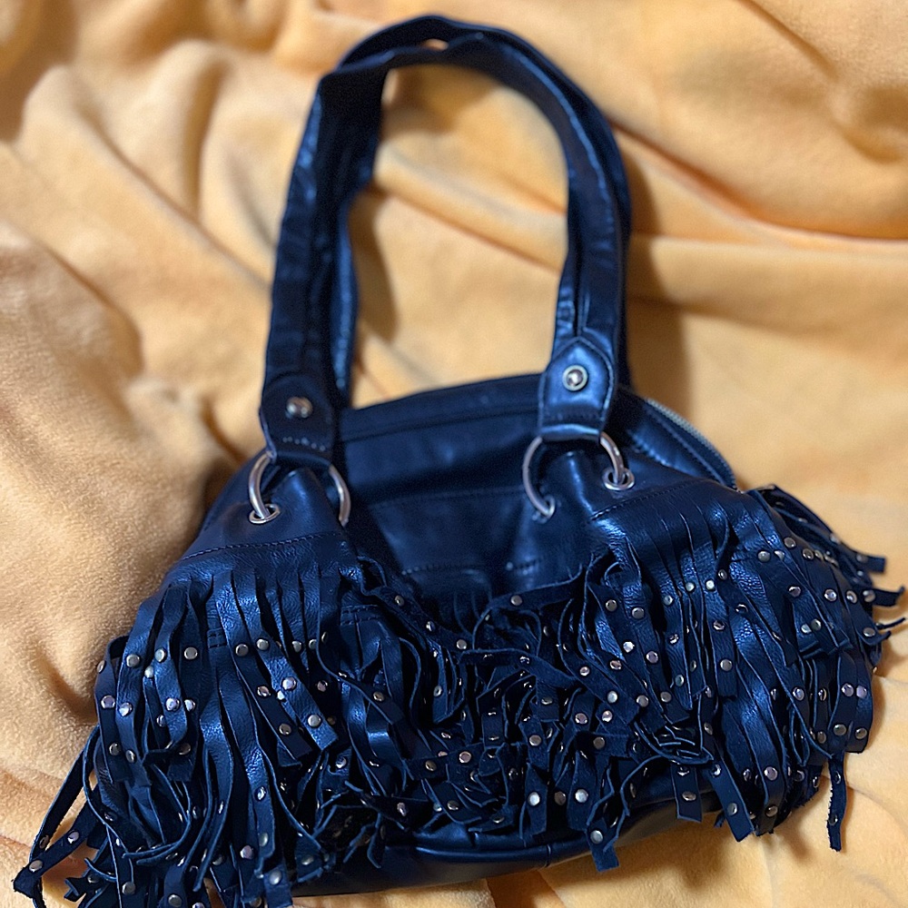 b. makowsky Black Fringe Studded Leather Tote